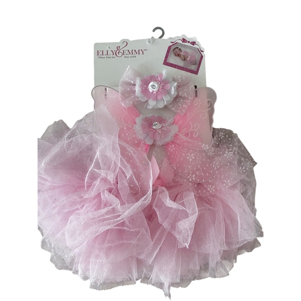 New Elly & Emmy Pink 3 Piece Tutu Set Wings Headband 0-6M Newborn Photo's Gift